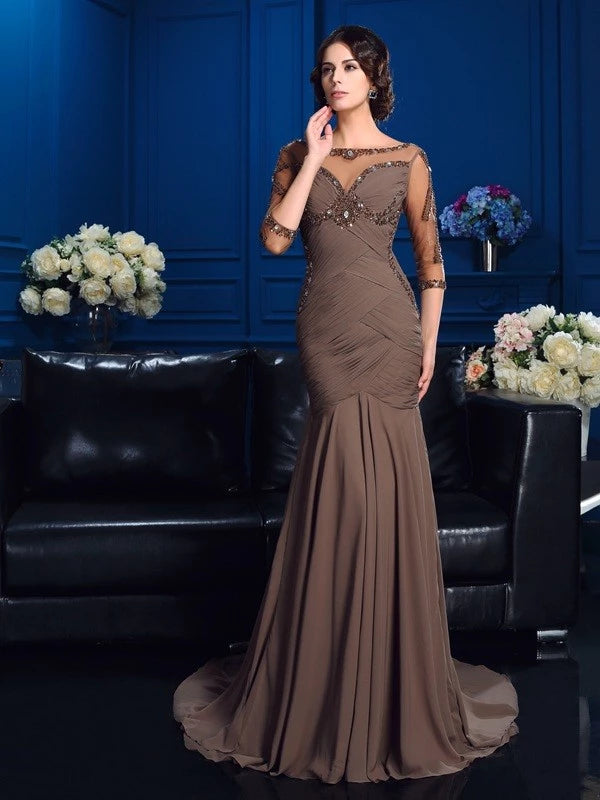 Short Sleeves Sheath Chiffon Scoop Court Train With Beading Mother of the Bride Dresses