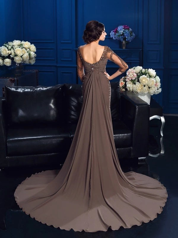 Short Sleeves Sheath Chiffon Scoop Court Train With Beading Mother of the Bride Dresses