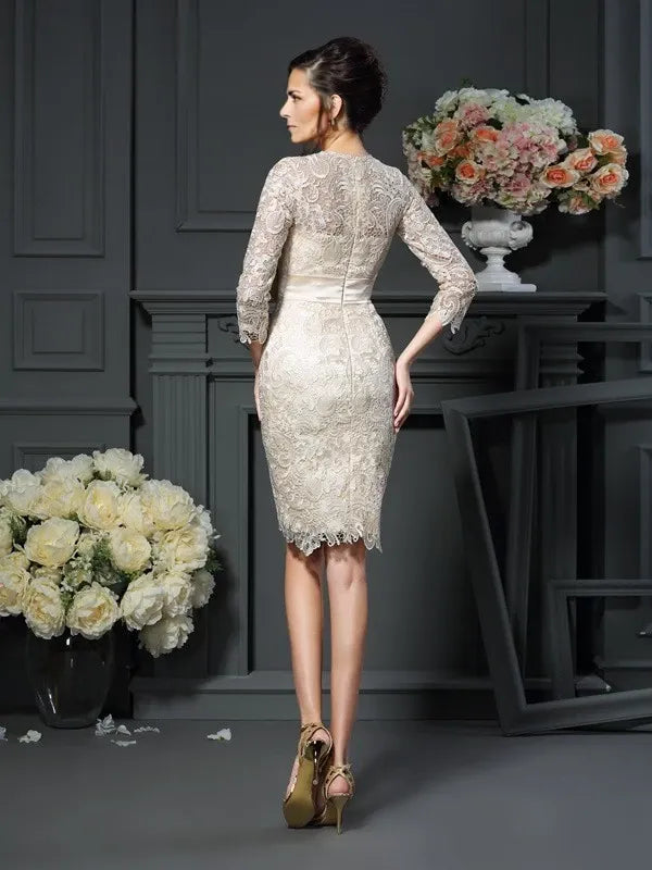Short Sleeves Sheath Lace Scoop Short With Bowknot Mother of the Bride Dresses