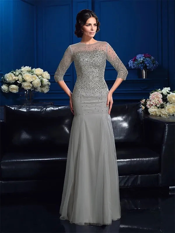 Short Sleeves Sheath Net Scoop Floor-Length With Beading Mother of the Bride Dresses
