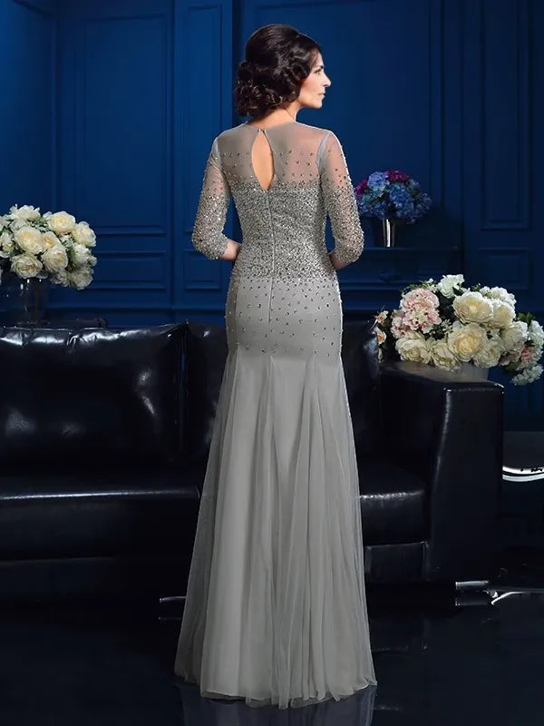 Short Sleeves Sheath Net Scoop Floor-Length With Beading Mother of the Bride Dresses