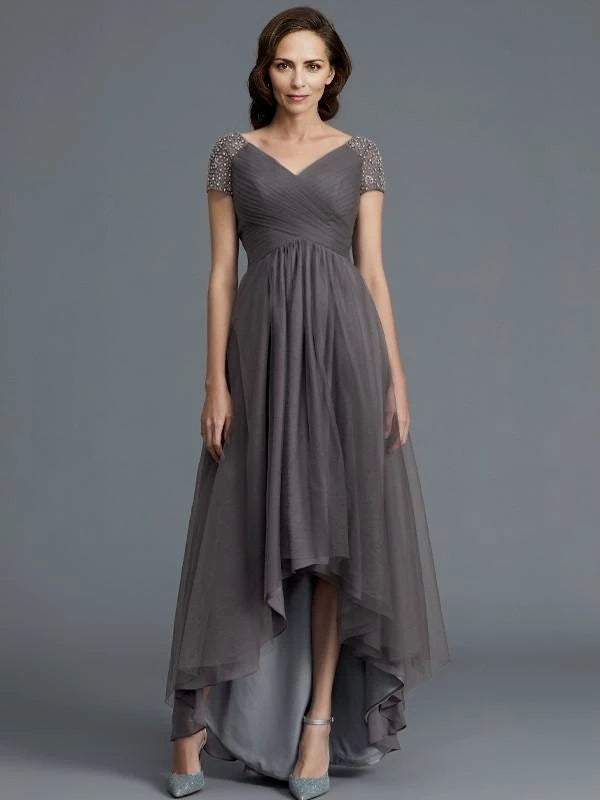 Short Sleeves V-neck Asymmetrical Tulle Mother of the Bride Dresses
