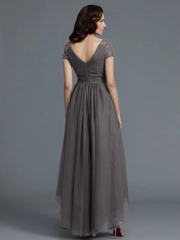 Short Sleeves V-neck Asymmetrical Tulle Mother of the Bride Dresses