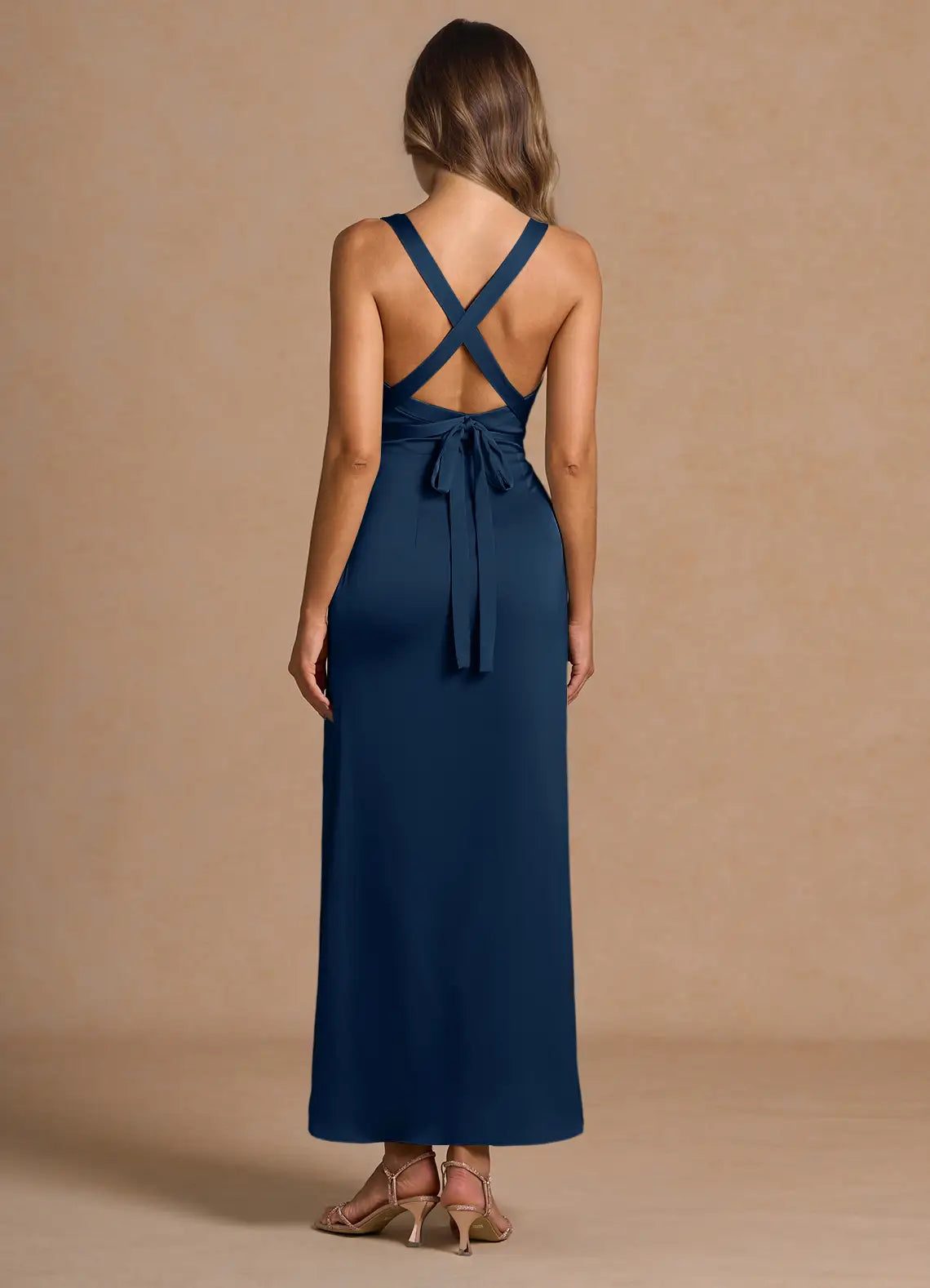 Silken Sheath Cowl V Neck Sleeveless Cross Back Midi Length For Ladies Prom Dress