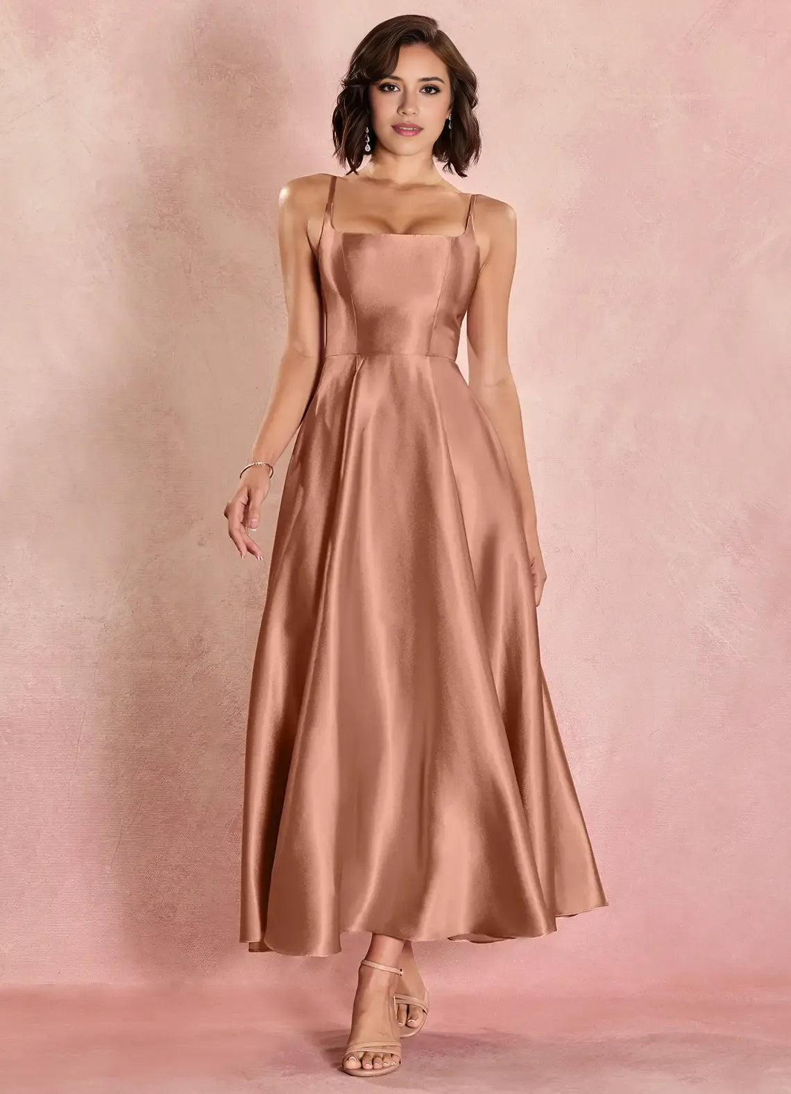 Silky Fit and Flare Square Neck Sleeveless Lace Up Back Midi Length Hot Sale Prom Dress ﻿