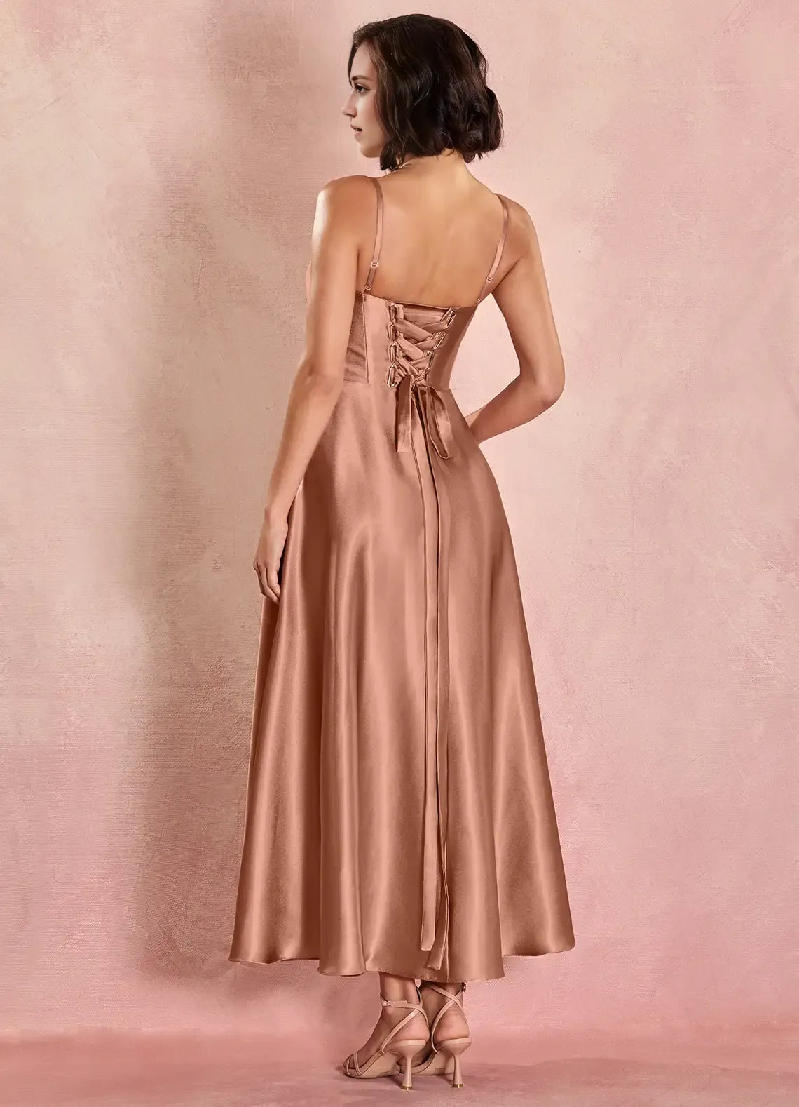 Silky Fit and Flare Square Neck Sleeveless Lace Up Back Midi Length Hot Sale Prom Dress ﻿