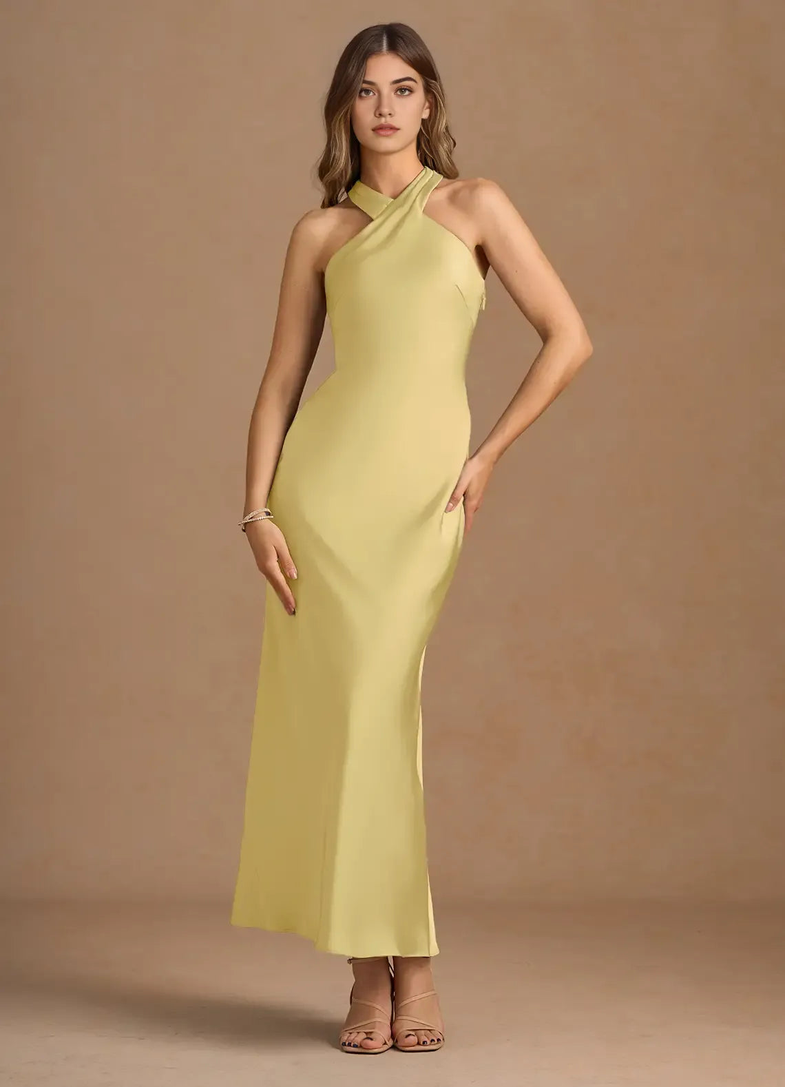 Silky Sheath Cross Halter Neck Sleeveless Bow Back Floor Length For Ladies Prom Dress