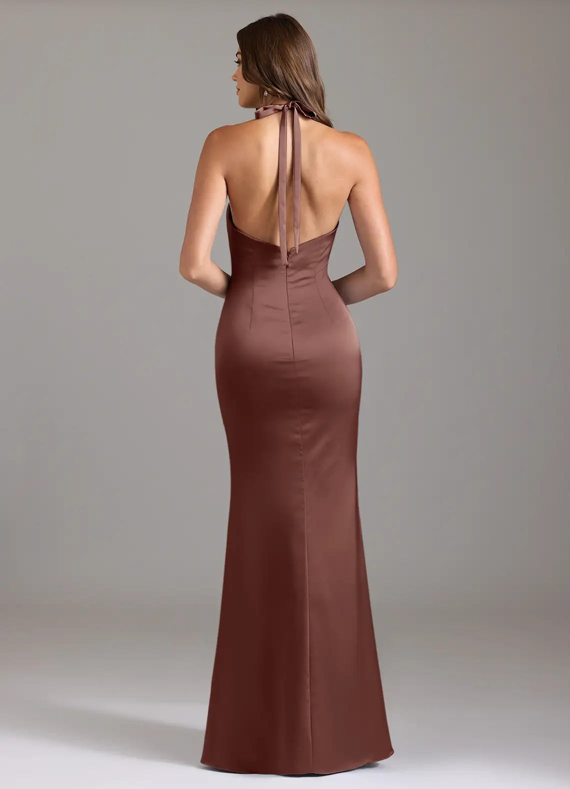 Silky Sheath Plunging Halter Neck Sleeveless Tie Back Floor Length For Women Prom Dress