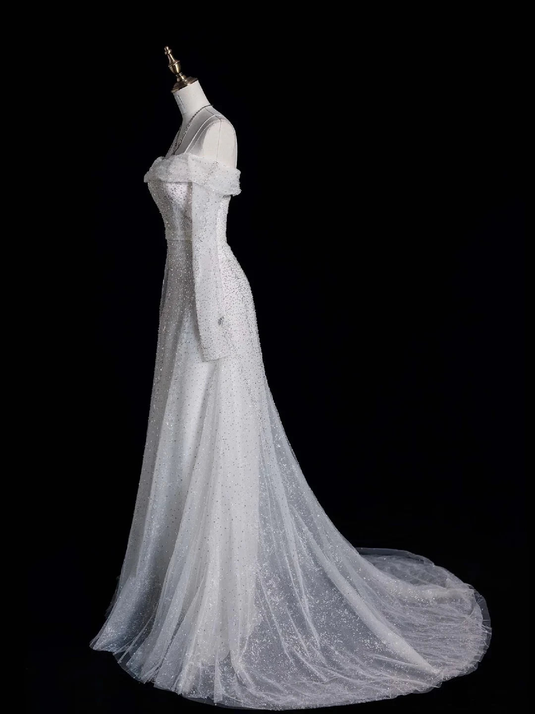 Silver Sequin A Line Long Sleeve Off-the-shoulder White Tulle Floor length Wedding Dress Prom Dress Cocktail Dress Homecoming Dress Evening Dress Party Dress