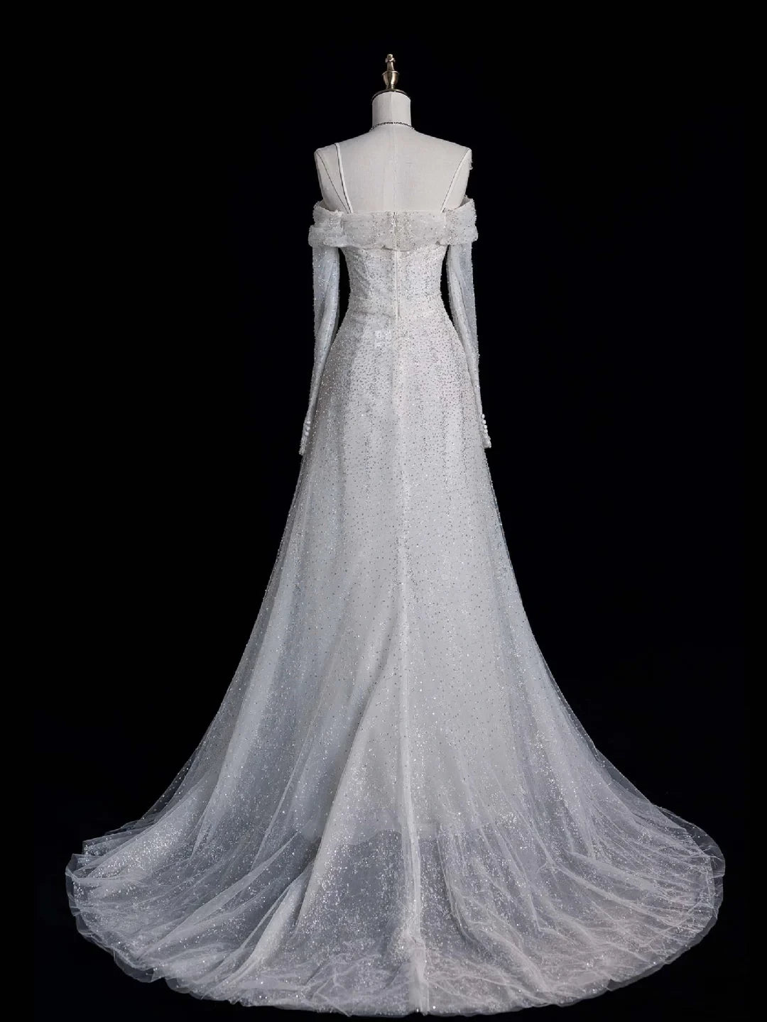 Silver Sequin A Line Long Sleeve Off-the-shoulder White Tulle Floor length Wedding Dress Prom Dress Cocktail Dress Homecoming Dress Evening Dress Party Dress