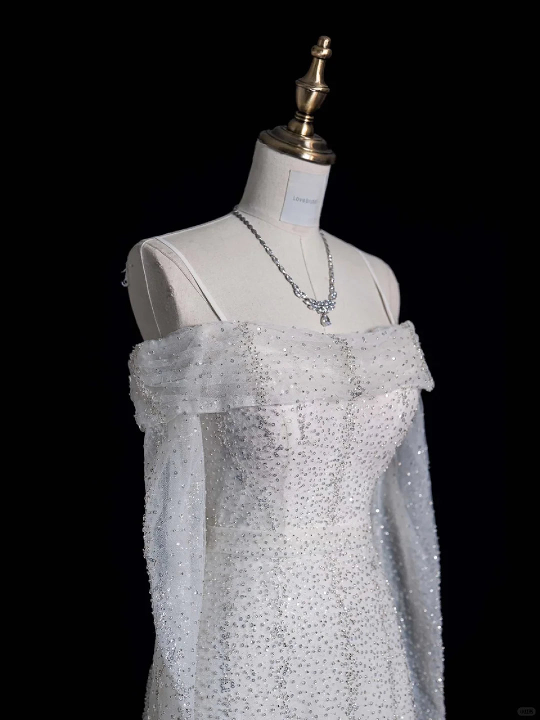 Silver Sequin A Line Long Sleeve Off-the-shoulder White Tulle Floor length Wedding Dress Prom Dress Cocktail Dress Homecoming Dress Evening Dress Party Dress