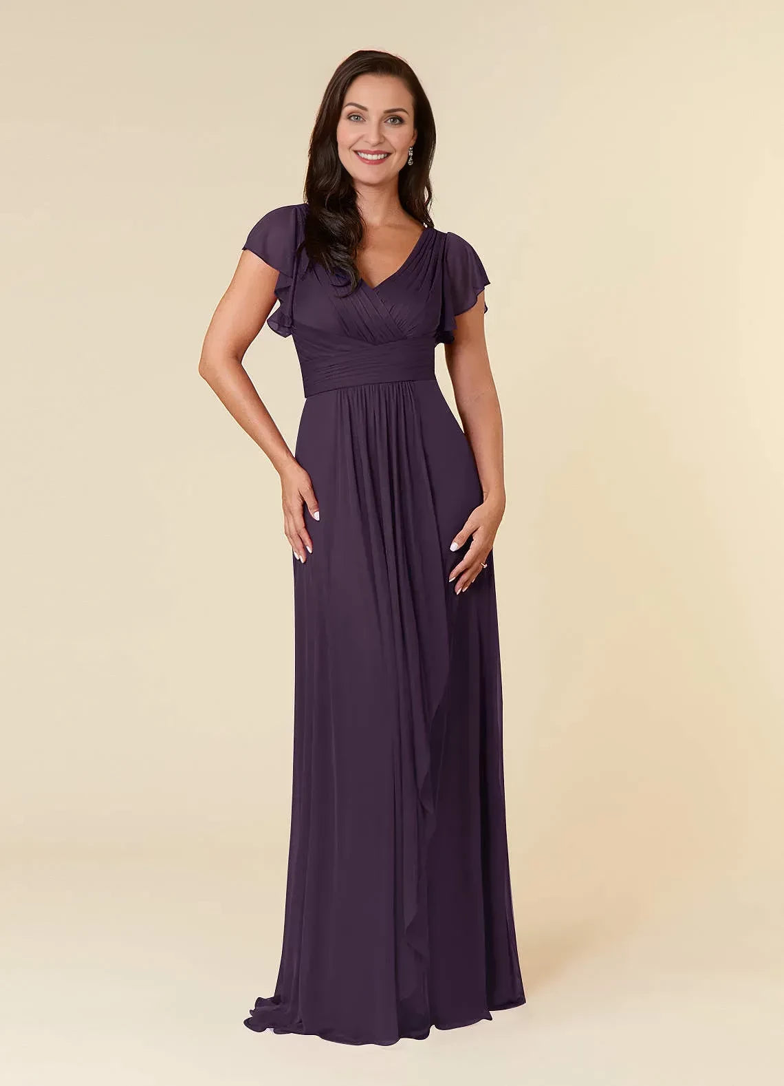 Simple A Line V Neck Flutter Sleeve Zipper Back Floor Length Mother of the Bride Dresses