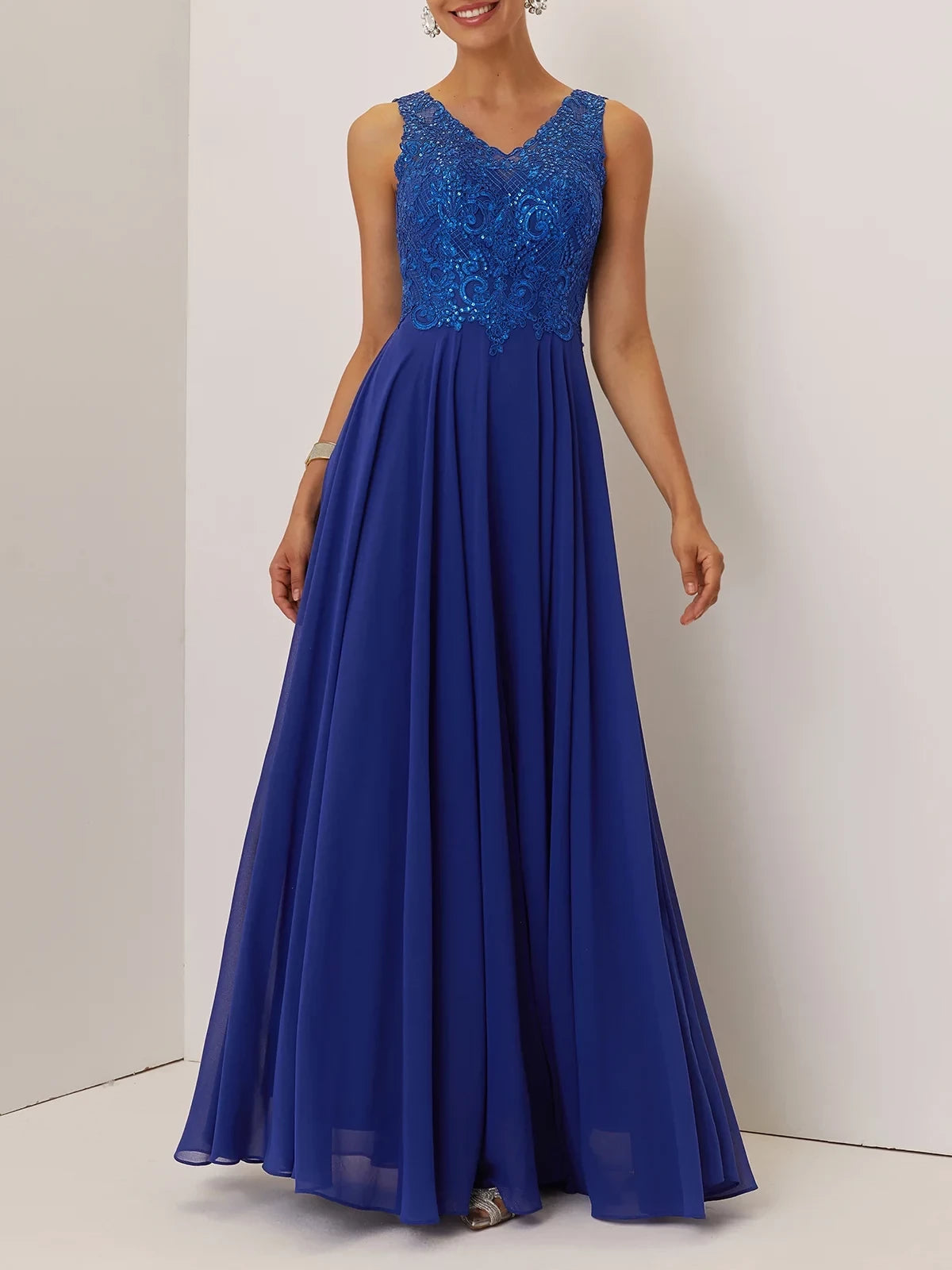 Simple A Line V Neck Sleeveless Lace Back Floor Length Mother of the Bride Dress