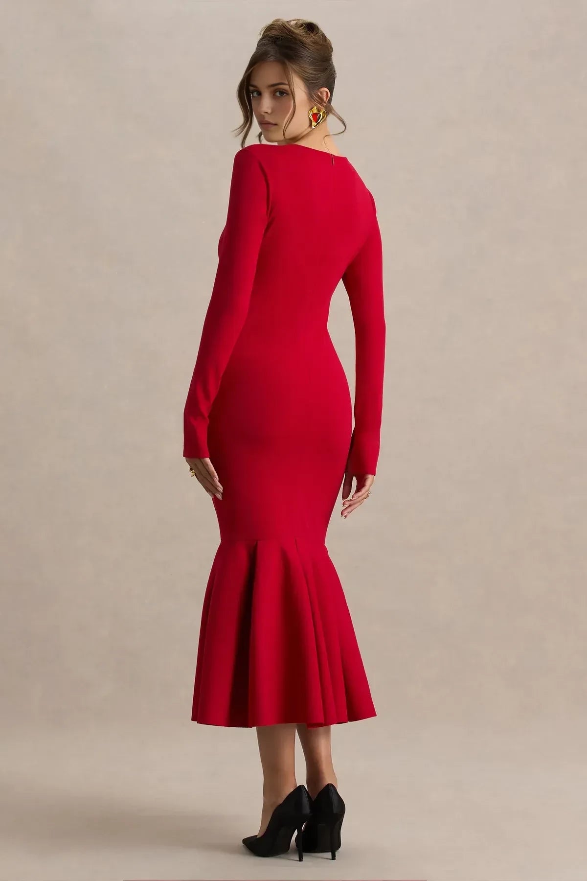 Simple Mermaid Crew Neck Long Sleeve Zipper Back Midi Length Evening Dress