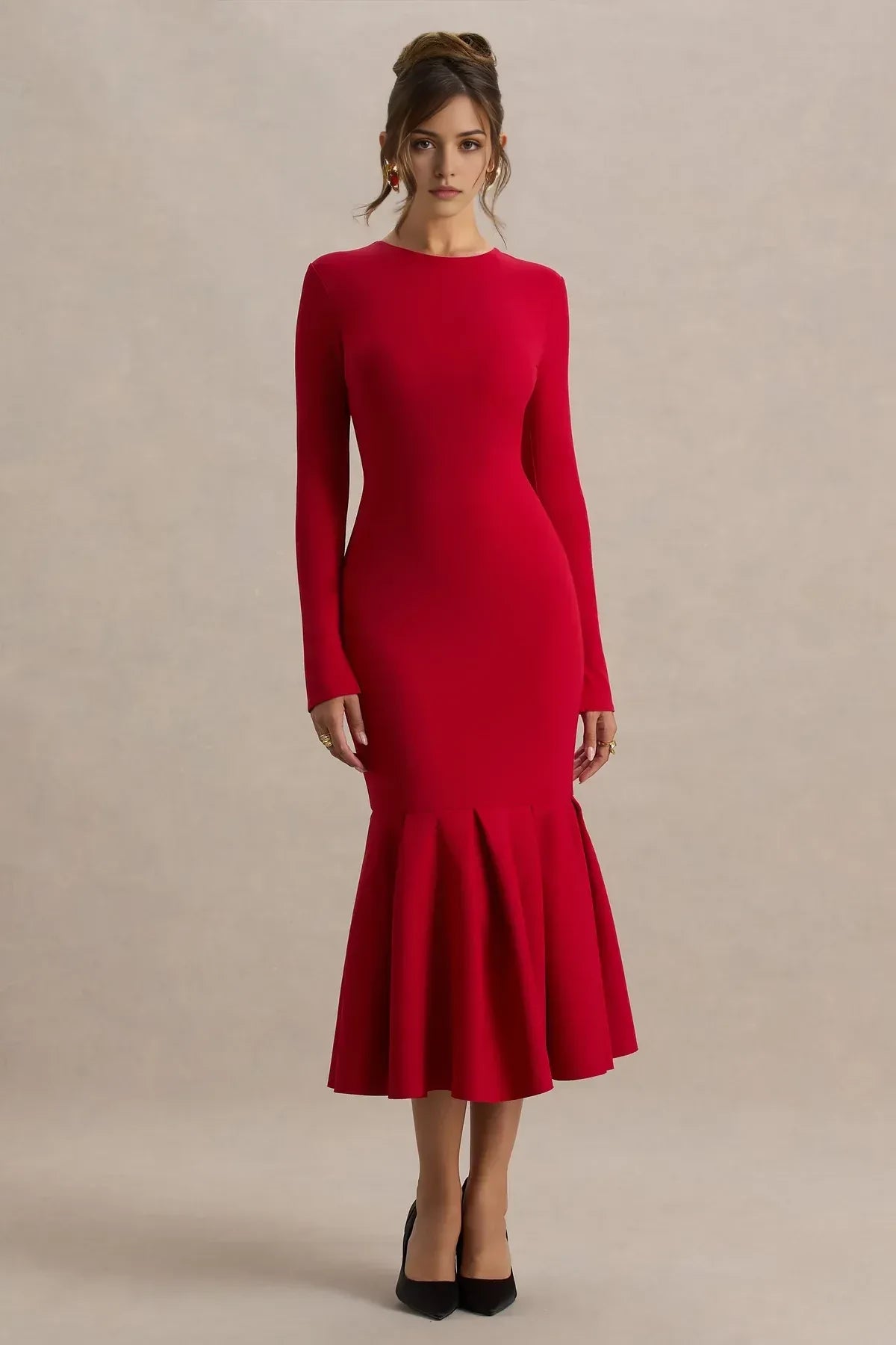 Simple Mermaid Crew Neck Long Sleeve Zipper Back Midi Length Evening Dress