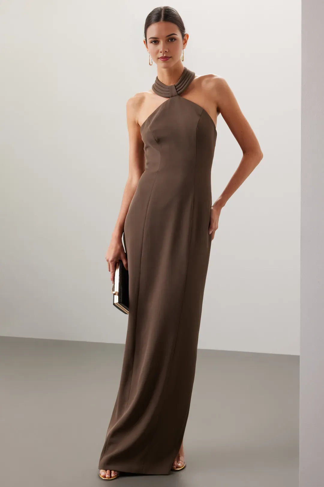 Simple Sheath Halter Neck Sleeveless Open Back Floor Length Plus Size Prom Dress