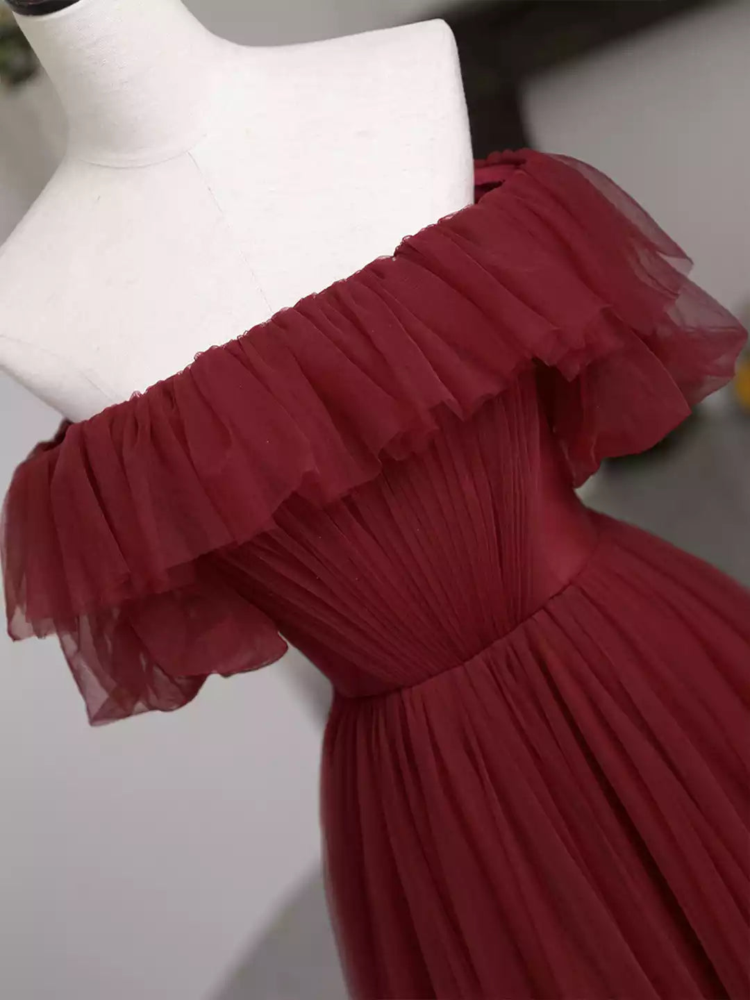 Simple A-Line Burgundy Tulle Floor Length Prom Dress Evening Party Dress