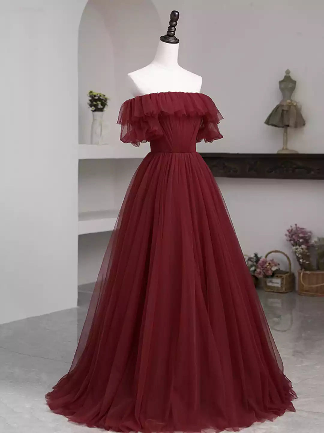 Simple A-Line Burgundy Tulle Floor Length Prom Dress Evening Party Dress