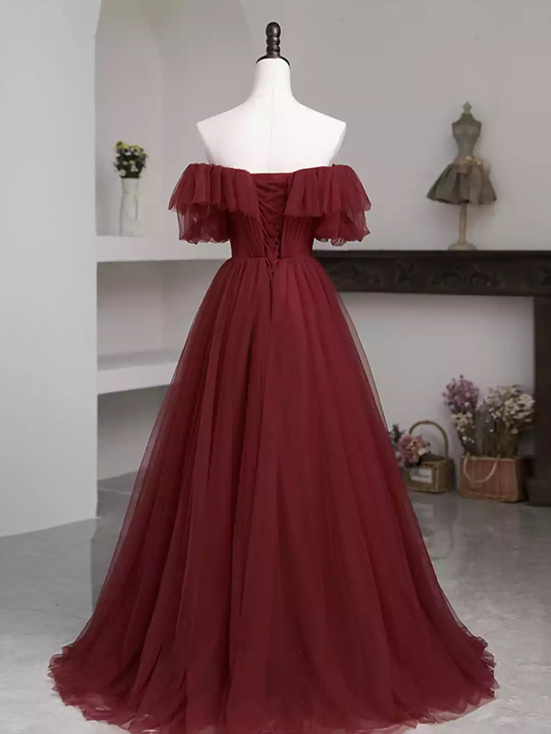 Simple A-Line Burgundy Tulle Floor Length Prom Dress Evening Party Dress