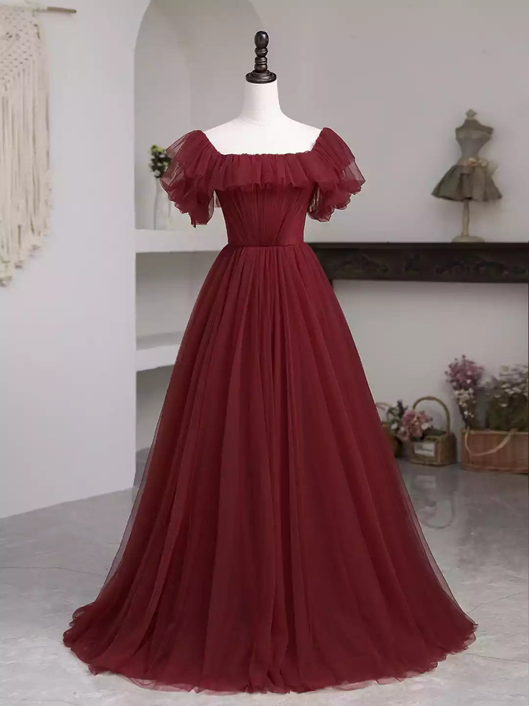 Simple A-Line Burgundy Tulle Floor Length Prom Dress Evening Party Dress