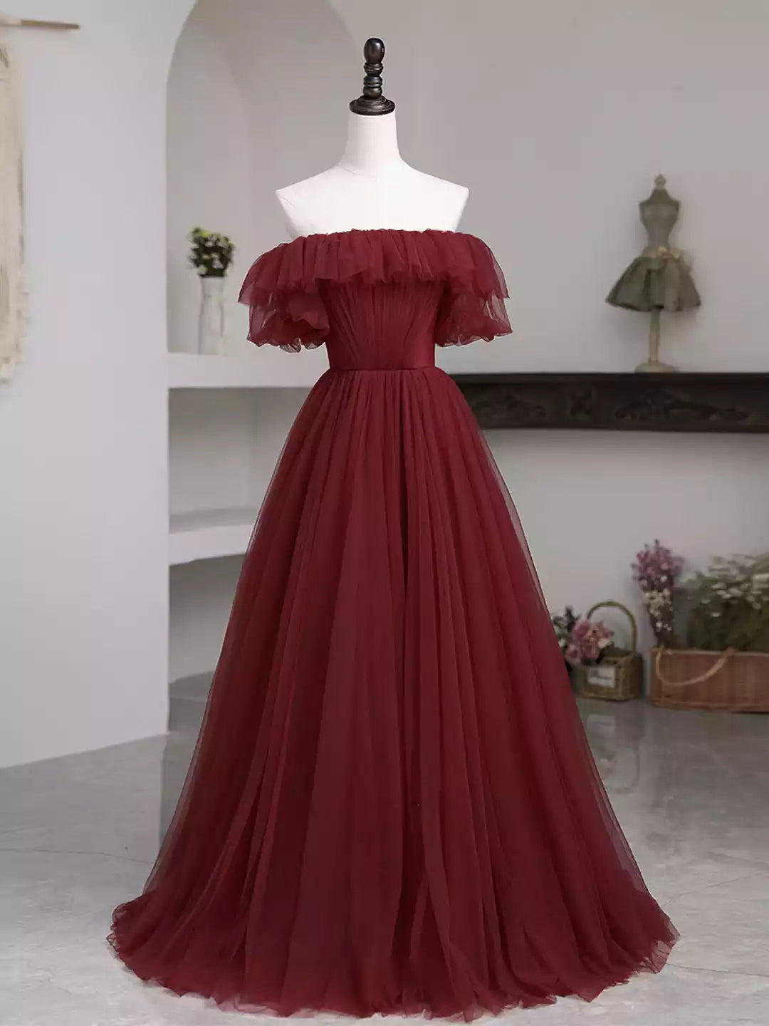 Simple A-Line Burgundy Tulle Floor Length Prom Dress Evening Party Dress