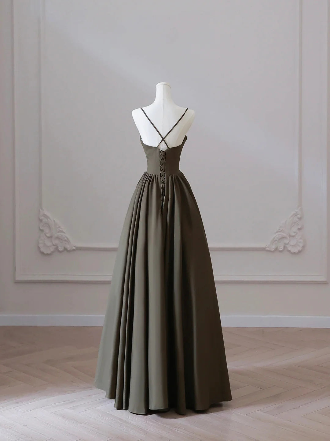 A-Line Backless Simple V-neck Spaghetti Strap Floor Length Prom Dress Evening Party Dress