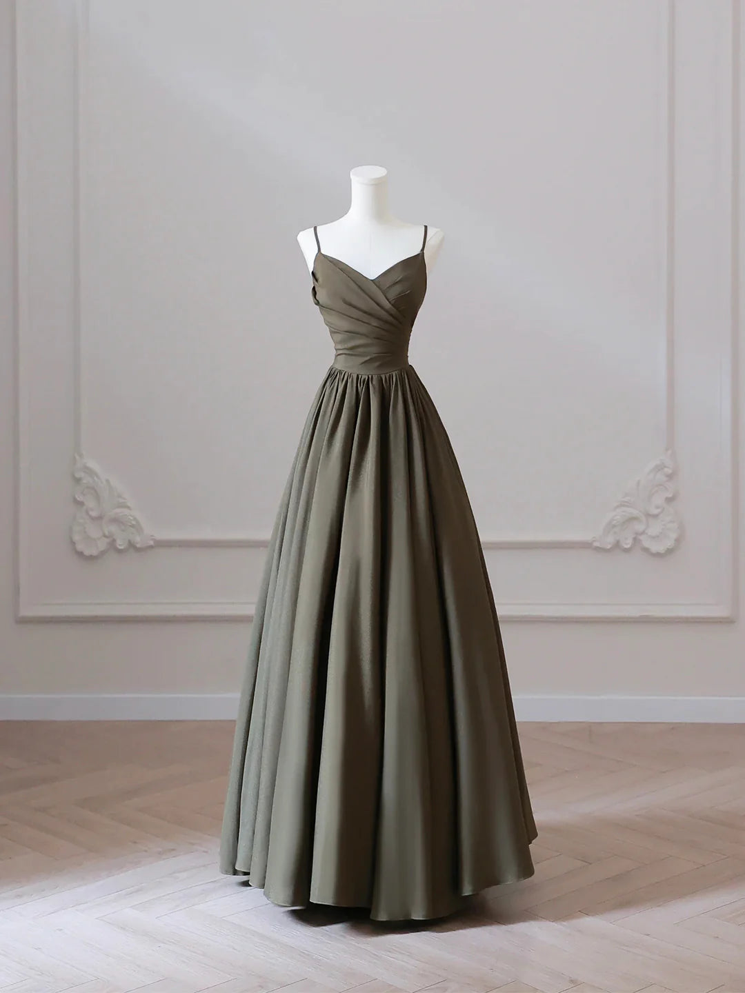 A-Line Backless Simple V-neck Spaghetti Strap Floor Length Prom Dress Evening Party Dress