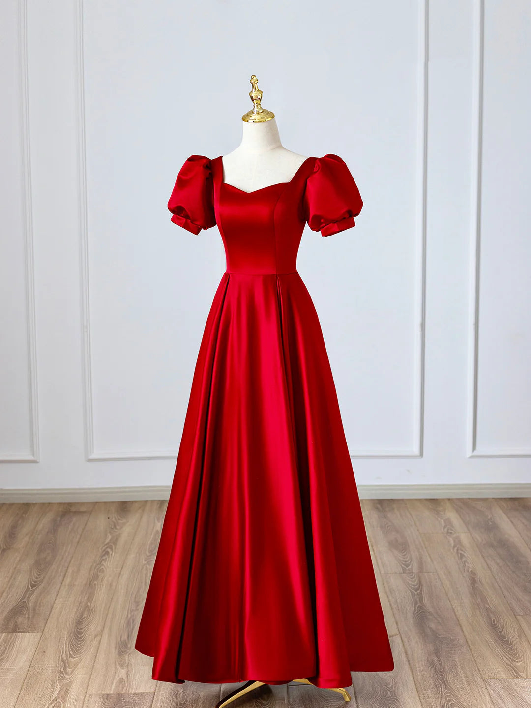 Simple A-Line Short Sleeve Red Satin Long Prom Dress Evening Party Dress