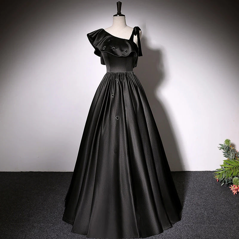 Simple A line Black Satin  Sleeveless Lace Up Floor Length Evening Dress Party Dresses Prom Dress
