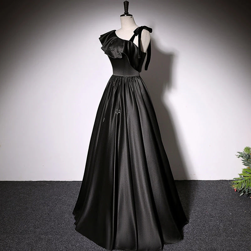 Simple A line Black Satin  Sleeveless Lace Up Floor Length Evening Dress Party Dresses Prom Dress