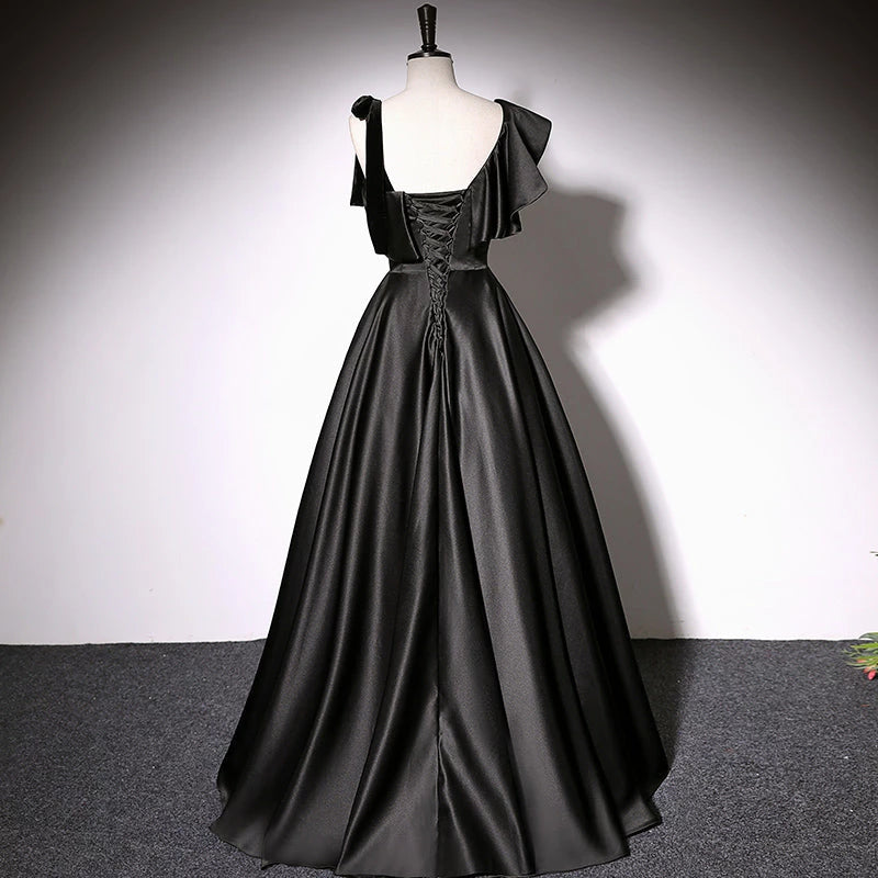 Simple A line Black Satin  Sleeveless Lace Up Floor Length Evening Dress Party Dresses Prom Dress
