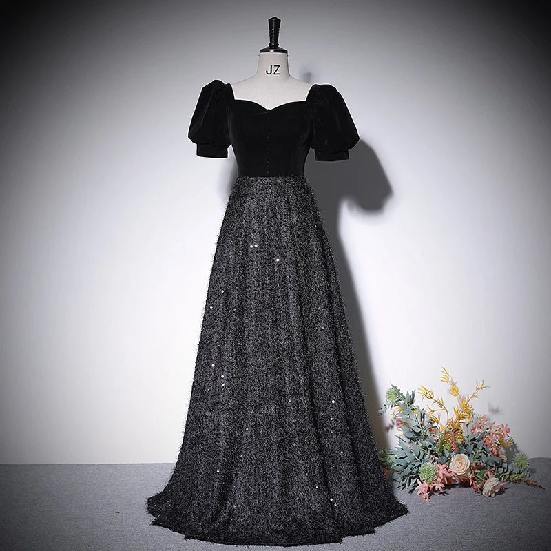 Simple A line Black Short Sleeve Lace Up Floor Length Evening Dress Party Dresses Prom Dress