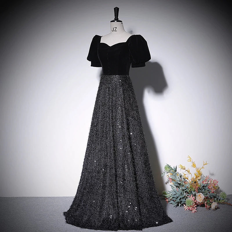 Simple A line Black Short Sleeve Lace Up Floor Length Evening Dress Party Dresses Prom Dress
