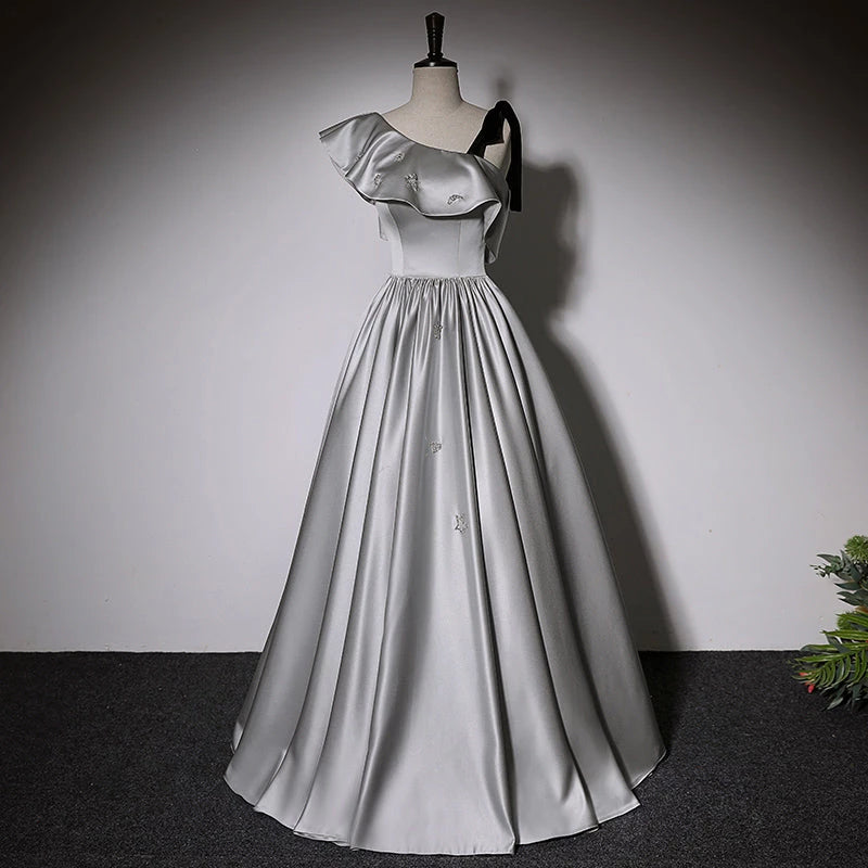 Simple A line grey Satin Sleeveless Lace Up Floor Length Evening Dress Party Dresses Prom Dress