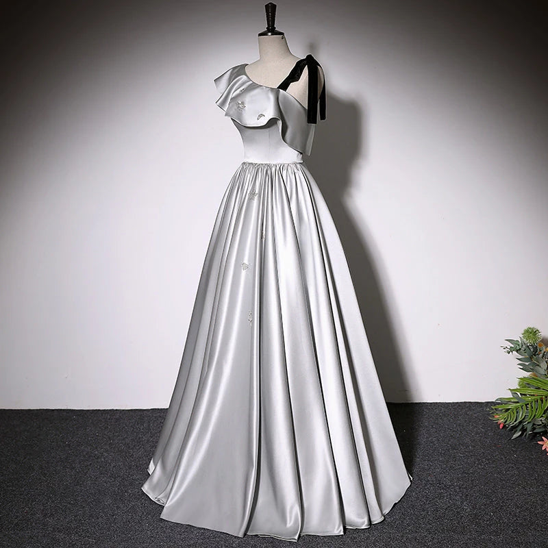 Simple A line grey Satin Sleeveless Lace Up Floor Length Evening Dress Party Dresses Prom Dress