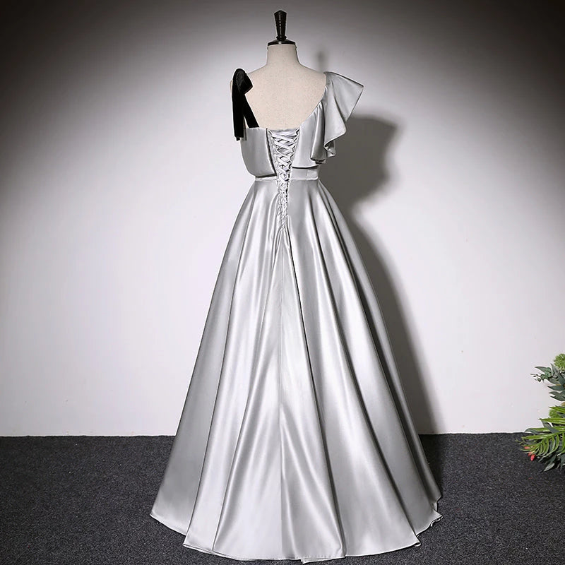 Simple A line grey Satin Sleeveless Lace Up Floor Length Evening Dress Party Dresses Prom Dress