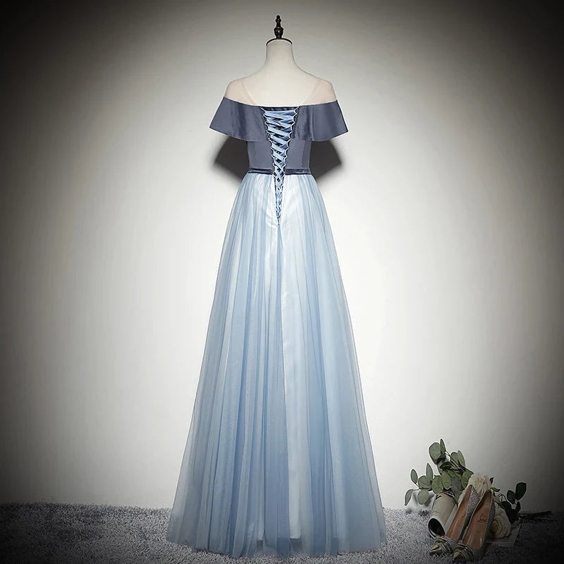 Simple And Generous Dress New Style Blue Tulle Lace Up Floor Length Evening Dress Party Dresses Prom Dress