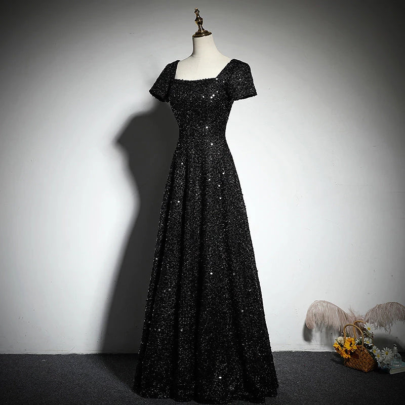 Simple And Generous Sequin Short Sleeve Lace Up Floor Length Evening Dress Party Dresses Prom Dress