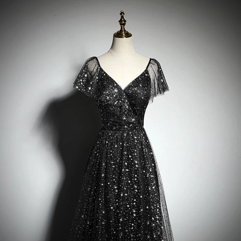 Simple And Generous Tulle Sequin Short Sleeve Lace Up Floor Length Evening Dress Party Dresses Prom Dress