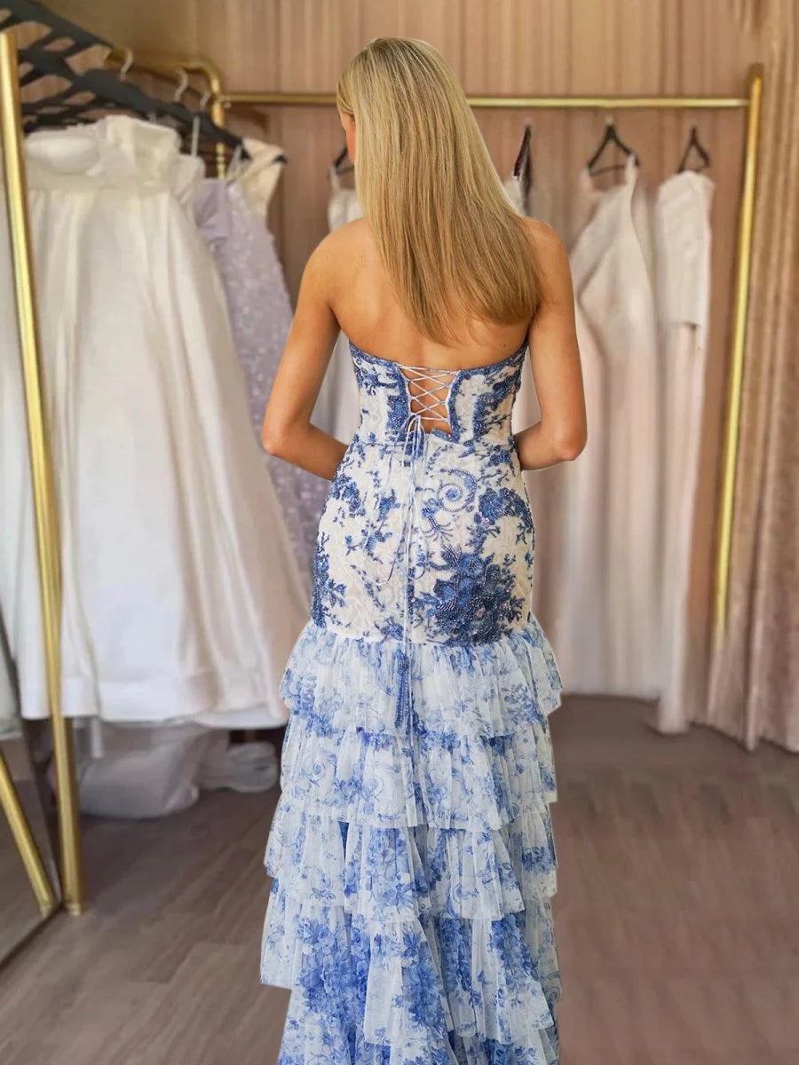 Pink Strapless Sequins Floral Printed Ruffle Tiered Mermaid With Slit Party Dresses Homecoming Dress Prom Dress（副本）