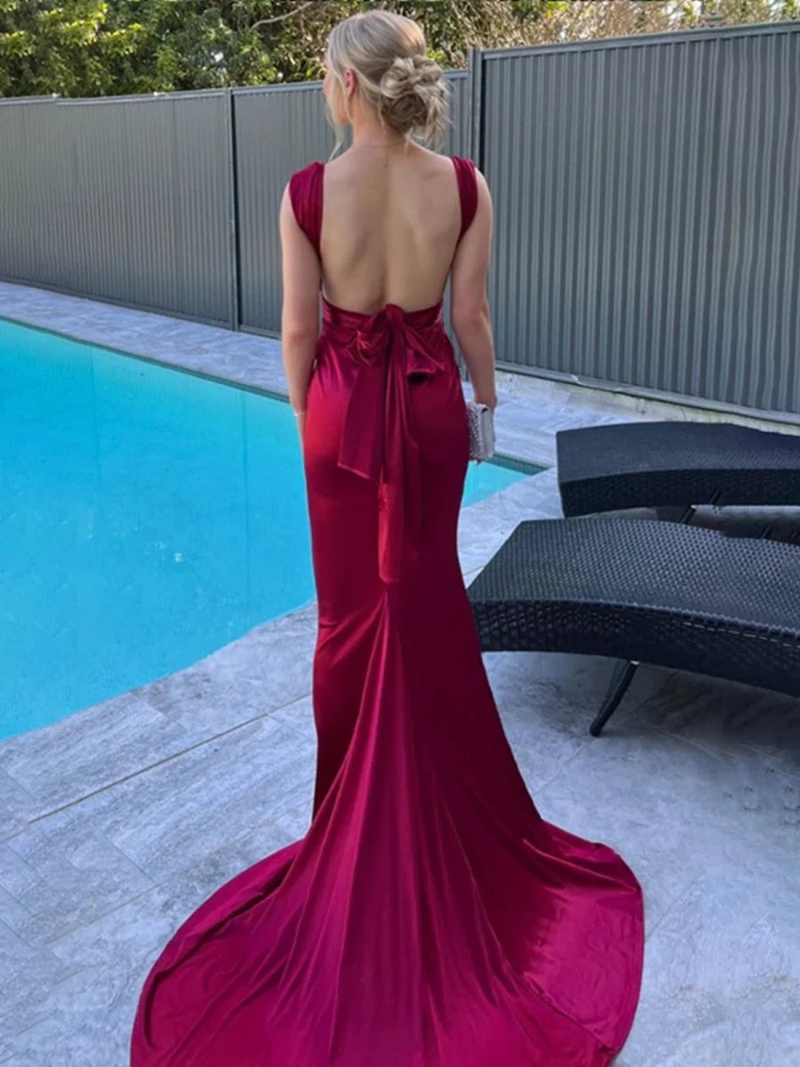 Simple Burgundy Mermaid Straps Satin Pleated Long with Train Evening Dresses Evening Dresses Prom Dress