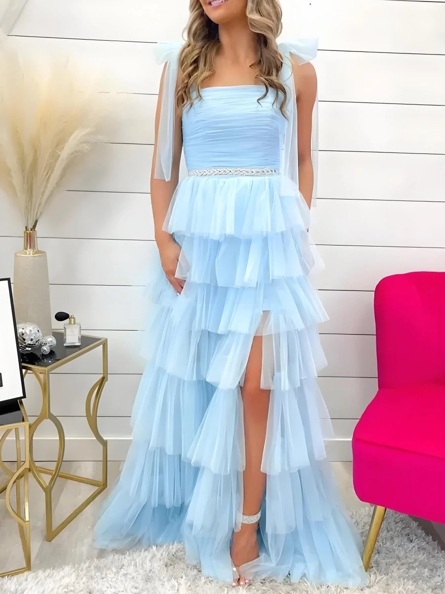 Simple Cute Light Blue Pleated Ruffle with Bow Tie Straps Lace-Up Back Floor Length Party Dresses Homecoming Dress Prom Dress