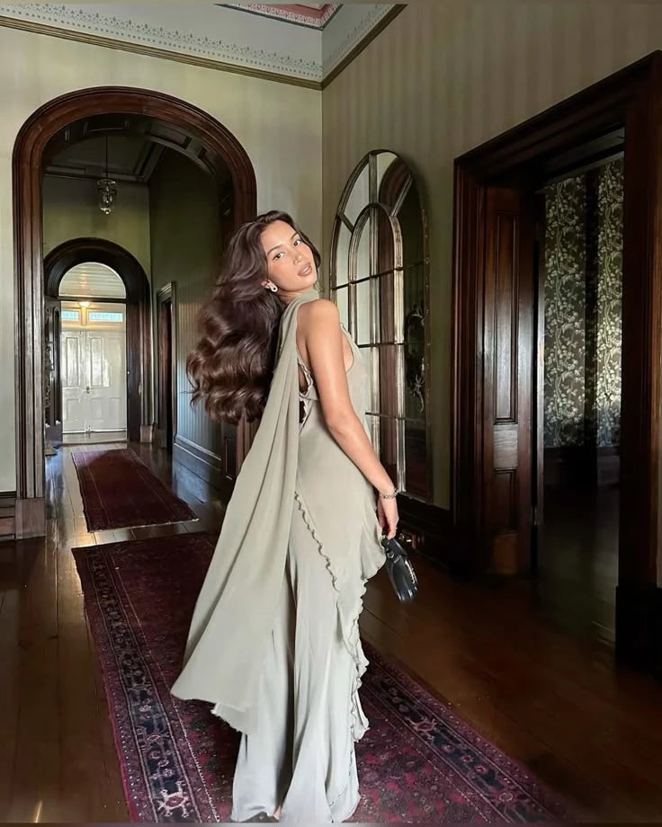 Simple Flowy Sheath Spaghetti Strap Ruffle Chiffon Floor length Sleeveless Wedding Dress Prom Dress Cocktail Dress Homecoming Dress Evening Dress Party Dress