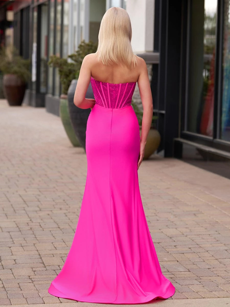 Simple Fuchsia Mermaid Strapless Sleeveless Satin Long Floor-Length With Beading Party Dresses Homecoming Dress Prom Dress