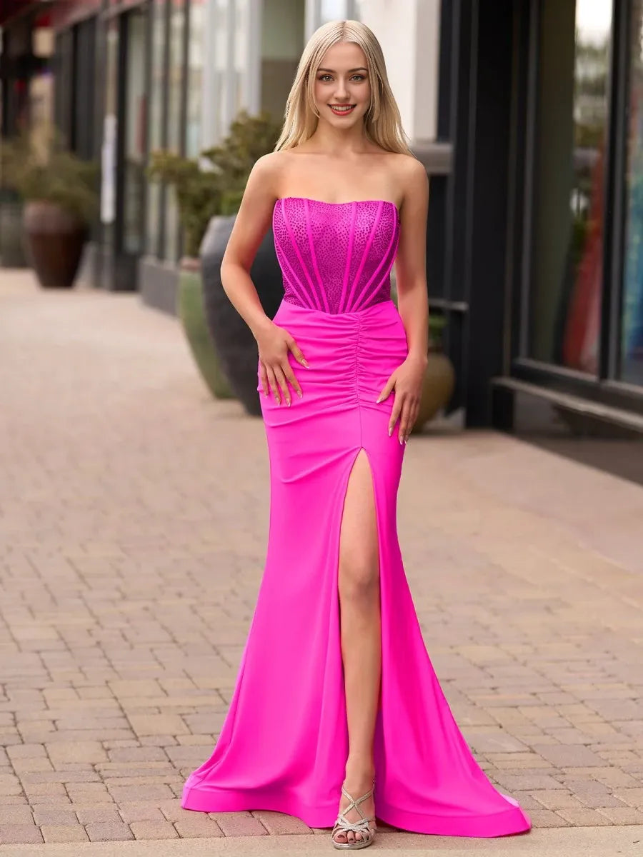 Simple Fuchsia Mermaid Strapless Sleeveless Satin Long Floor-Length With Beading Party Dresses Homecoming Dress Prom Dress