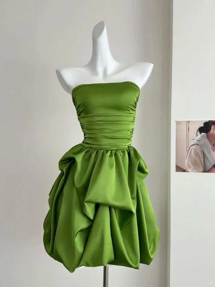 Simple Green Strapless Ruffled Hem Design A-line Short Prom Dress Party Dress Cocktail Dress Homecoming Dress Evening Dress