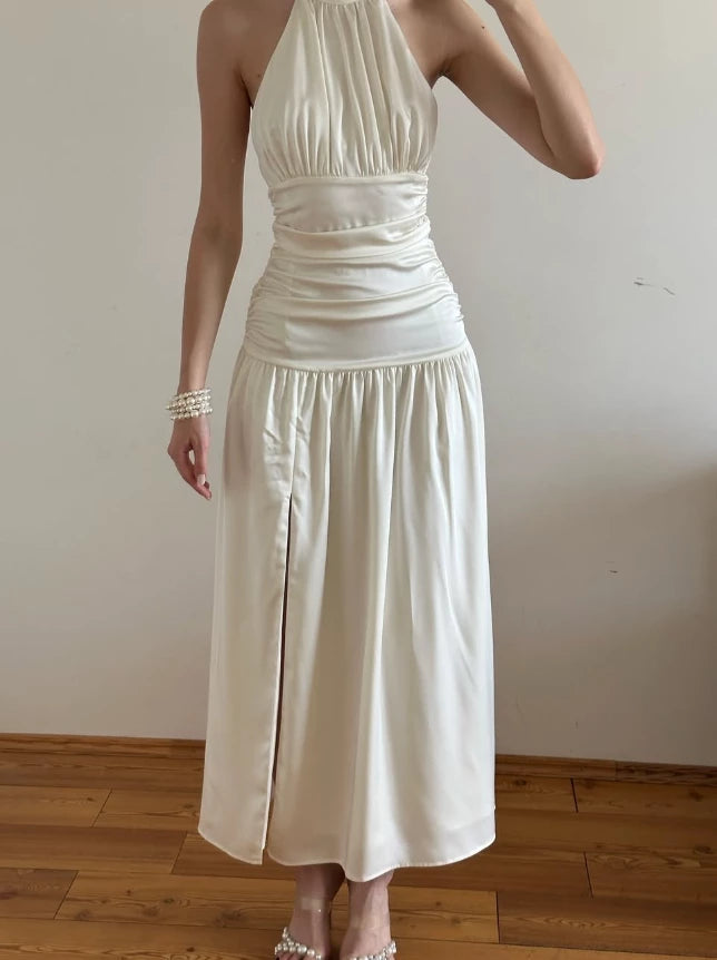 Simple Ivory A Line Halter Pleated Satin Slit Open Back Floor length Sleeveless Off-the-shoulder Prom Dress Cocktail Dress Homecoming Dress Evening Dress