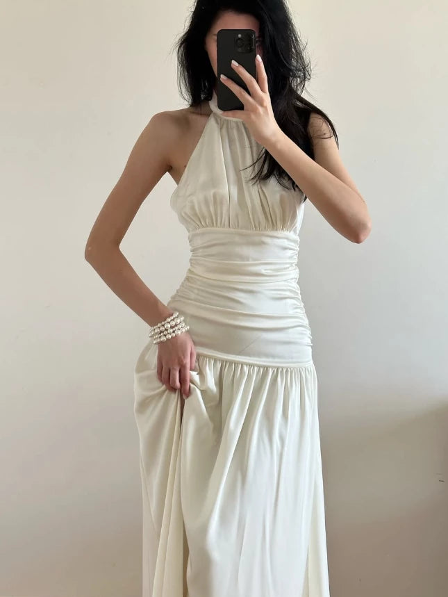 Simple Ivory A Line Halter Pleated Satin Slit Open Back Floor length Sleeveless Off-the-shoulder Prom Dress Cocktail Dress Homecoming Dress Evening Dress
