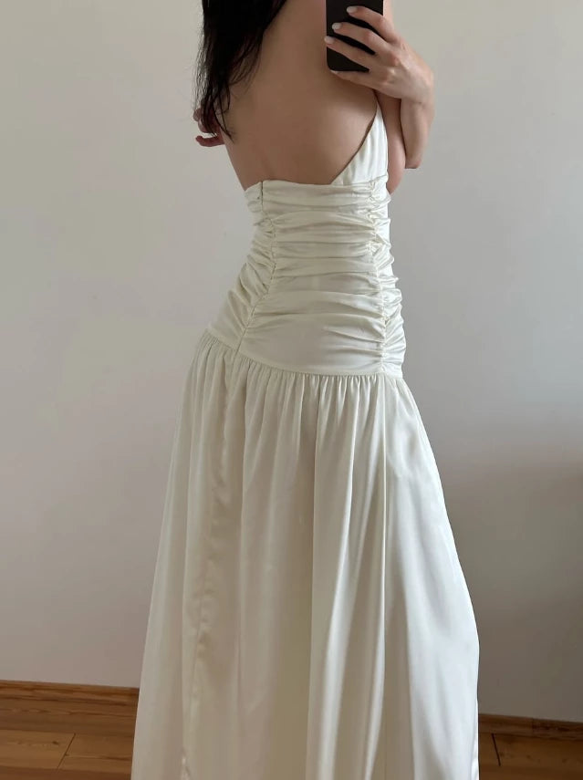 Simple Ivory A Line Halter Pleated Satin Slit Open Back Floor length Sleeveless Off-the-shoulder Prom Dress Cocktail Dress Homecoming Dress Evening Dress