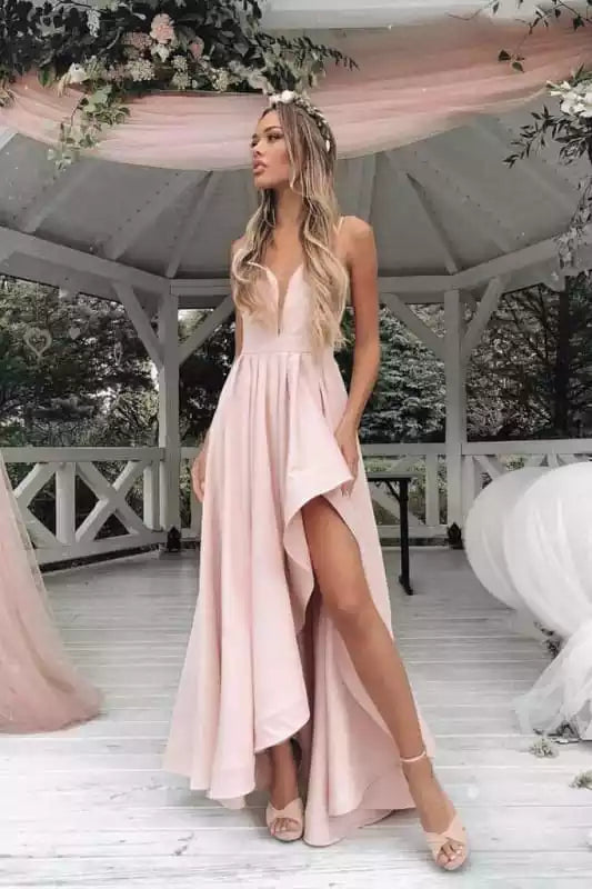 Simple Light Pink Asymmetrical Floor Length Prom Sexy Spaghetti Strap Bridesmaid Dress